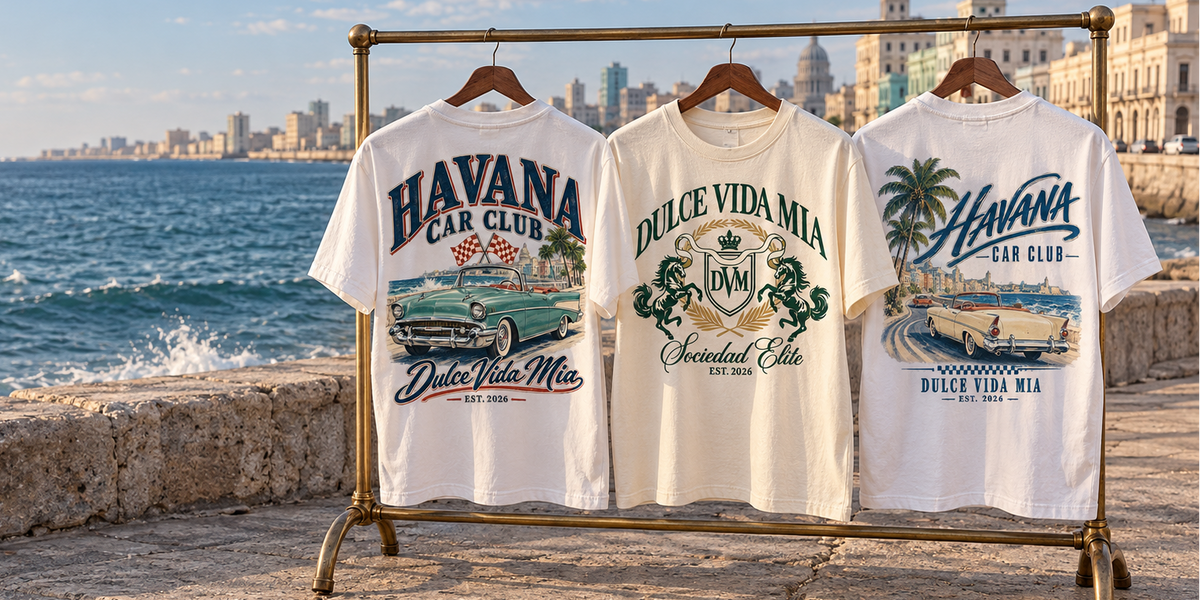 Havana coastal collection displayed on a brass clothing rack