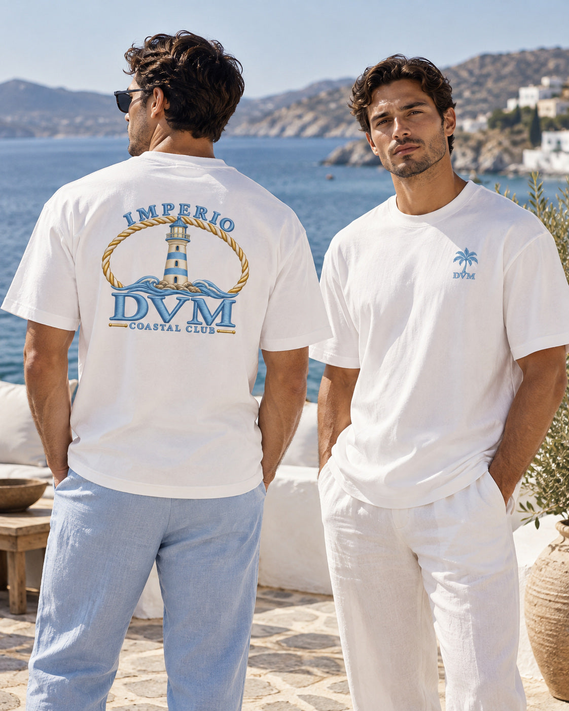 Imperio DVM Baby-blue Coastal lighthouse on white tee — resort-style male model mockup showing front and back designs