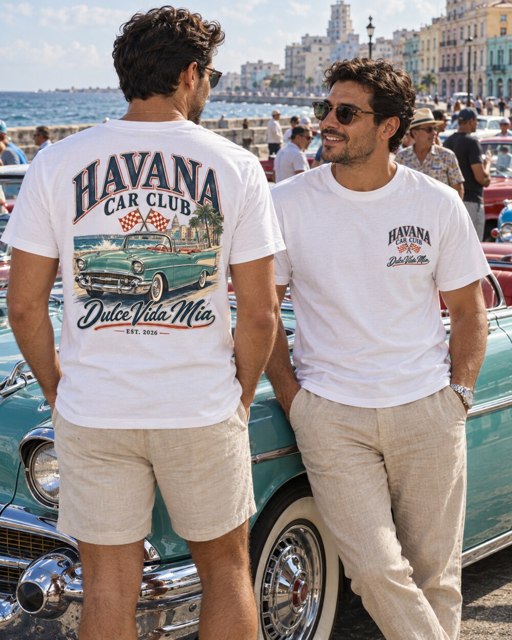 Havana Car Club front and back prints at the Malecón