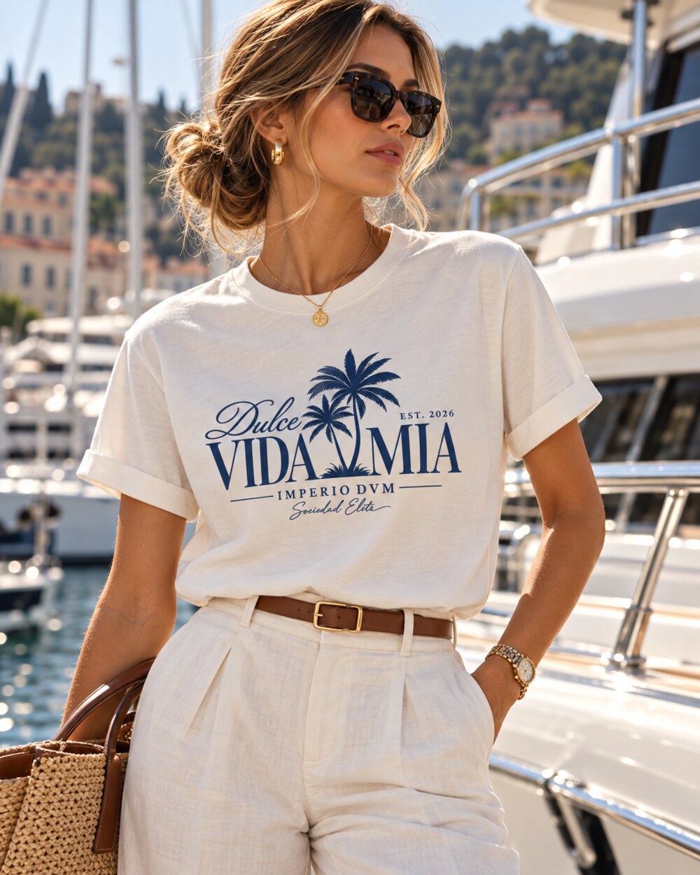 Dulce Vida Mia palm tee by the marina
