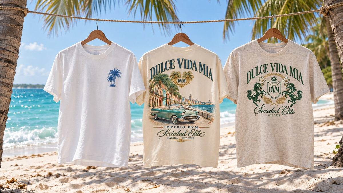Dulce Vida Mia coastal tees displayed on Varadero beach