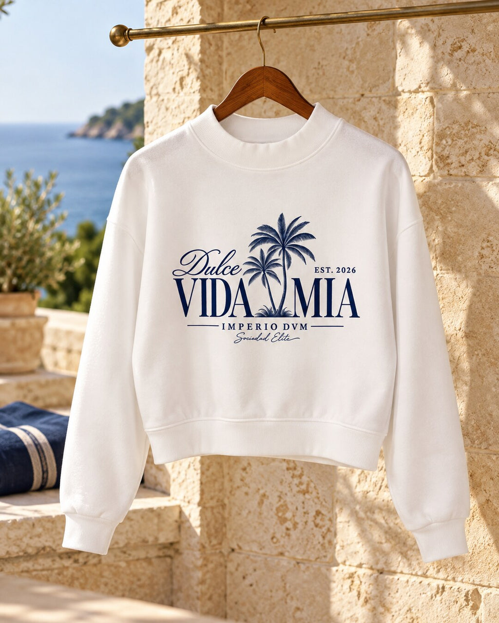 Dulce Vida Mia Palm Mock-Neck Sweatshirt in classic coastal styling