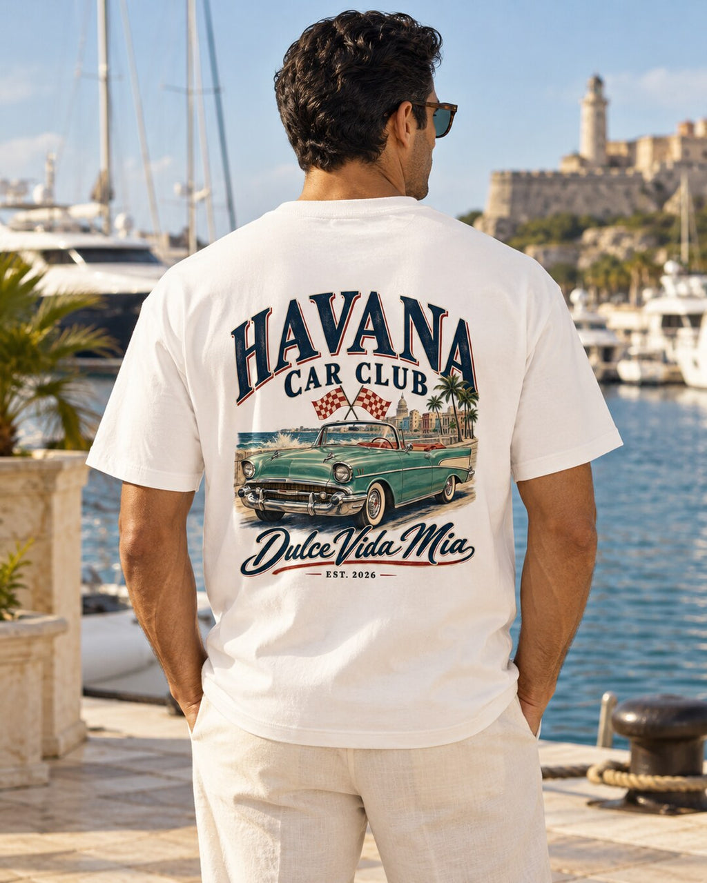 Havana Classic Car Back Print Tee — luxury coastal lifestyle mockup