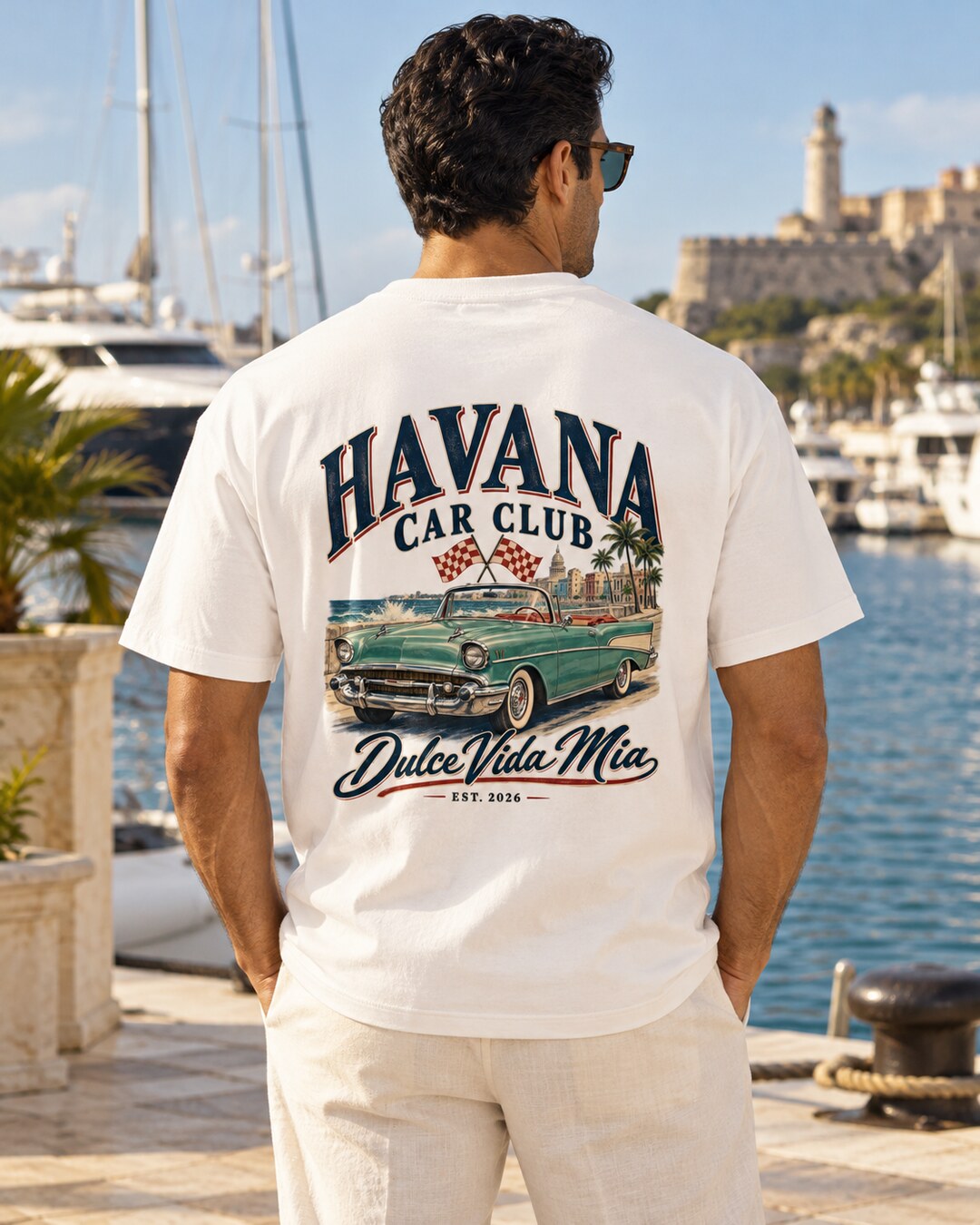 Havana Classic Car Back Print Tee — luxury coastal lifestyle mockup