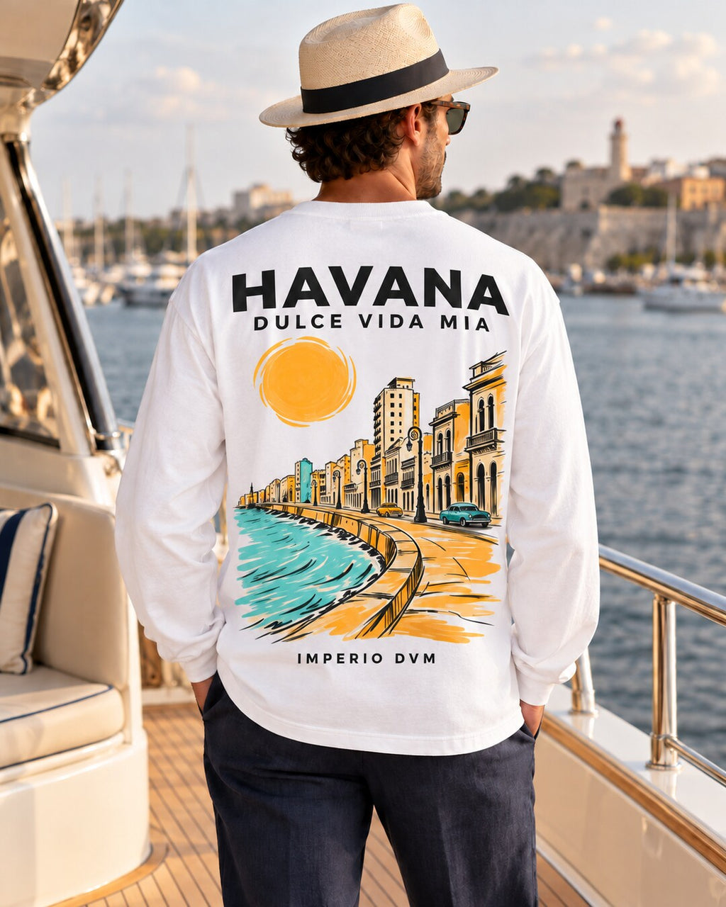 Havana long-sleeve tee with large full-back print on a yacht