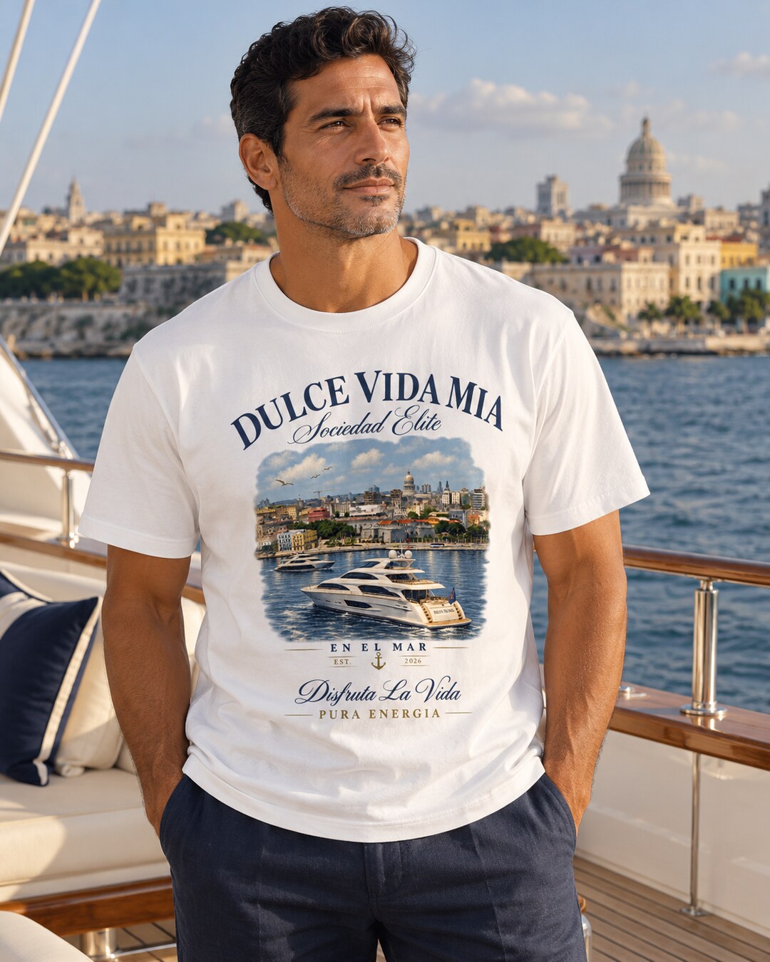 Havana Yacht Society Essential Tee — full garment and printed design