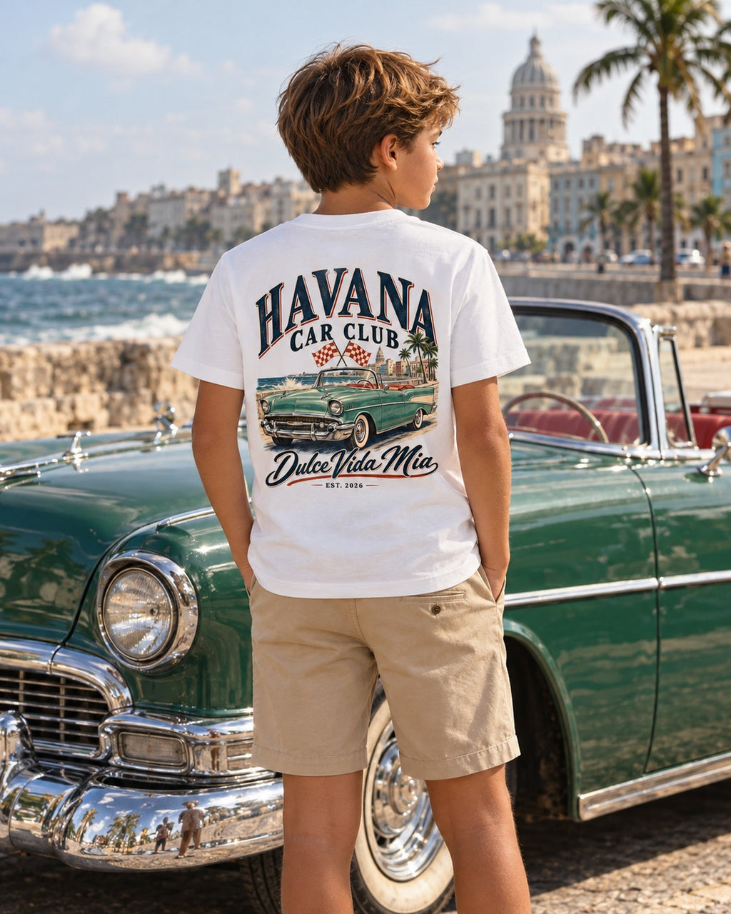 Boy modeling Kids Havana Classic Car Back Print Tee in Havana coastal styling