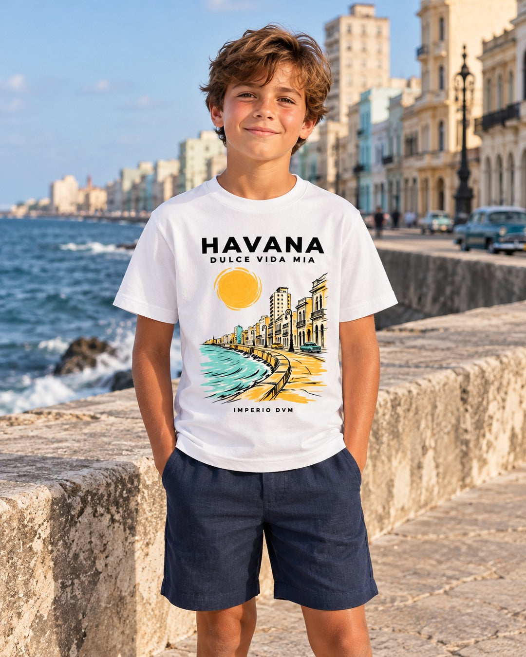 Boy modeling Kids Havana Waterfront Tee in Havana coastal styling
