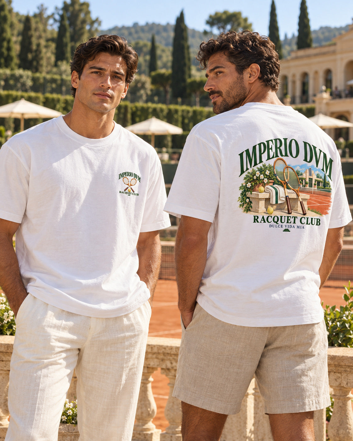Imperio DVM Racquet Club white tee — realistic resort-style male model mockup showing front and back designs