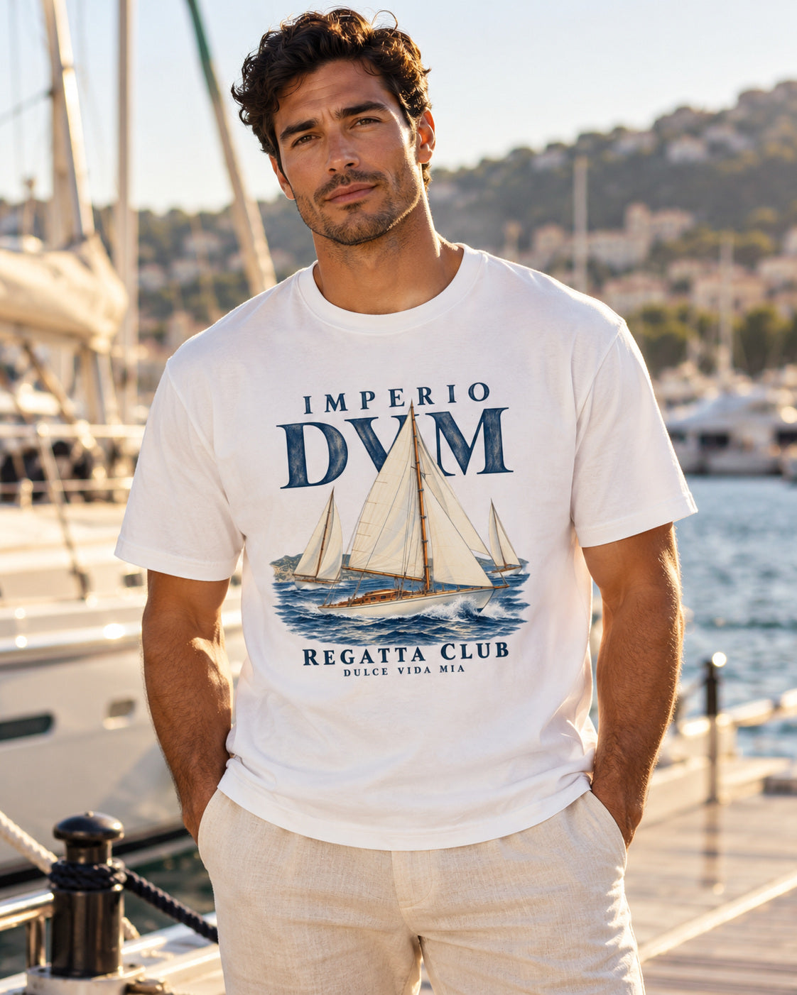 Imperio DVM Regatta Club white graphic tee — realistic resort-style male model mockup
