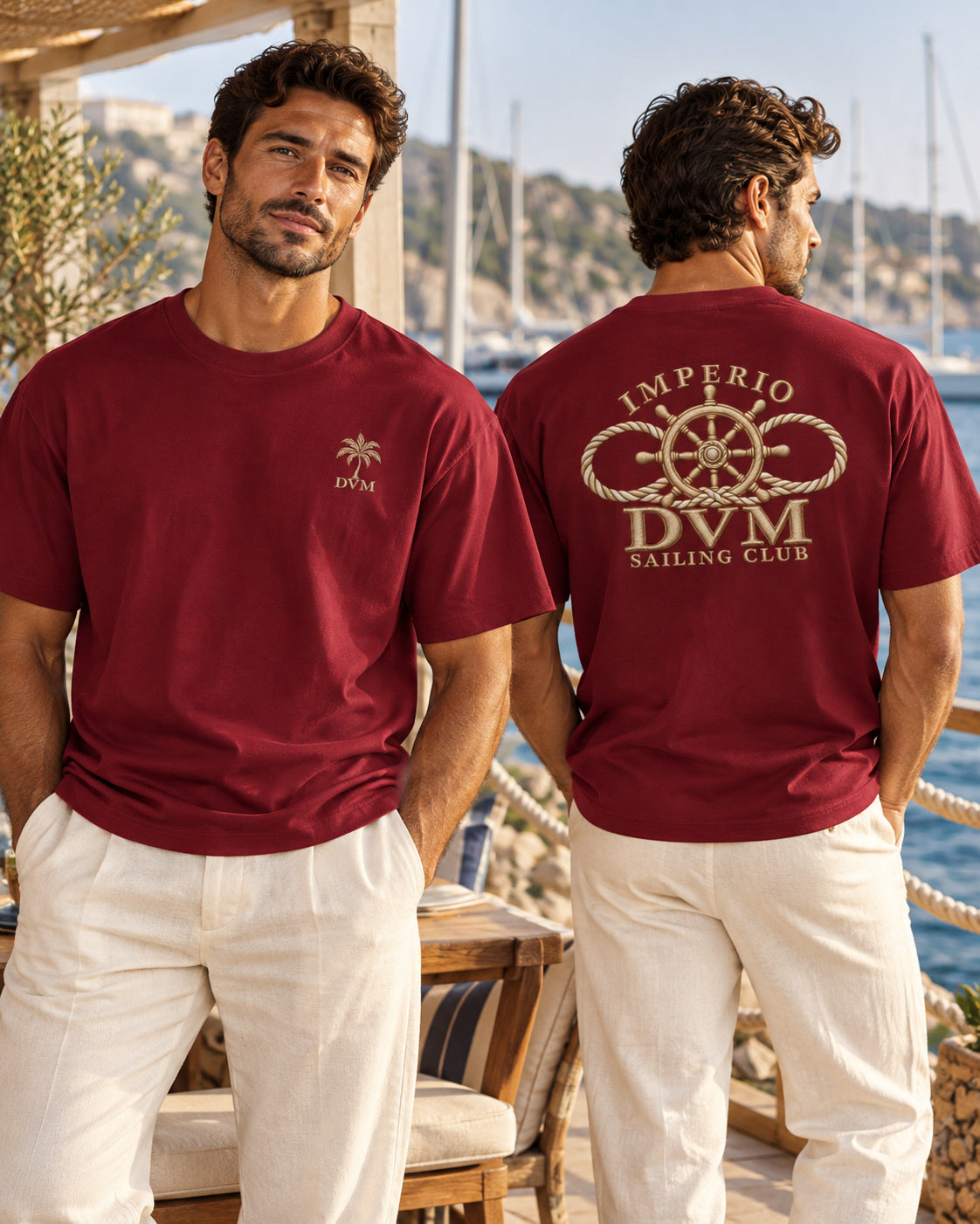 Imperio DVM Beige Sailing Club on wine-red tee — resort-style male model mockup showing front and back designs